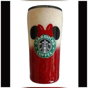 Starbucks Minnie Mouse Travel Tumbler Handmade White/Red Satin Sparkling 24oz 7"